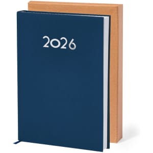 A navy diary with embossed numbers "2026" on the front, placed next to a plain kraft cover.
