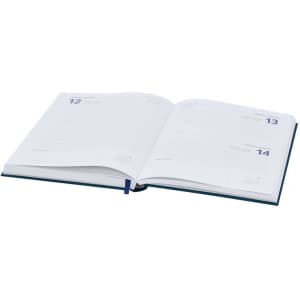 A navy blue diary opened to reveal white pages with numbered dates and lined sections for notes.