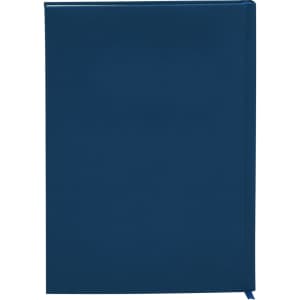 A navy blue diary with a glossy cover and a ribbon bookmark. It features a logo on the front.