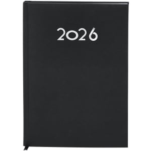 A black diary with a simple design featuring the year '2026' on the cover. It has a ribbon bookmark and branding.