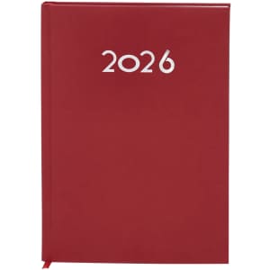 A red diary featuring the year "2026" on the cover, with a ribbon bookmark and a plain design.