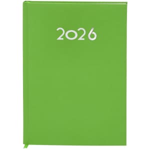 A bright green diary with the year "2026" embossed on the front cover and a matching bookmark attached.