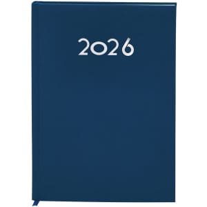 A navy blue diary with a sleek cover featuring the year '2026' on the front. It has a branded logo.