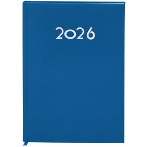 A blue diary with the year '2026' embossed on the front cover. It features a ribbon bookmark and a logo.