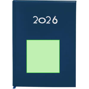 A navy blue diary with a square cut-out and a branding logo, featuring the year 2026 on the front cover.