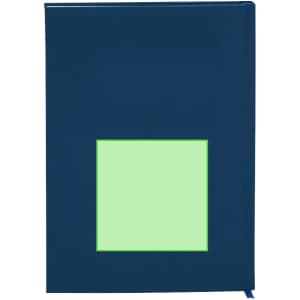 A navy blue diary with a green rectangular area on the cover and a ribbon bookmark. Features branding on the spine.