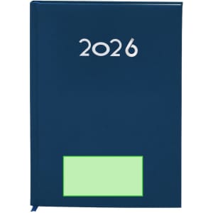 A navy blue diary with the year "2026" on the cover and a blank green label section. It features a branding logo.