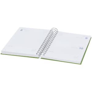 A green Witrex Diary with a spiral binding, featuring blank white pages for writing and organisation.