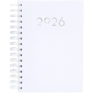 A white diary with a spiral binding and the year "2026" printed on the front cover.