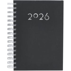 A black spiral-bound diary with a modern design and silver spiral binding, featuring the year "2026" on the cover.