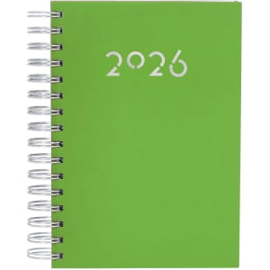 A green spiral-bound diary with a silver spiral binding, featuring the year "2026" on the front cover.