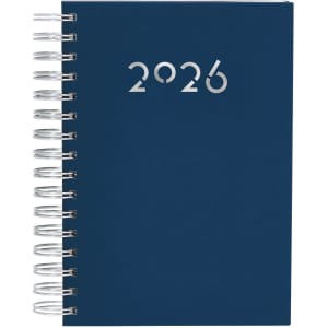 A navy diary with a spiral binding and the year '2026' displayed on the front cover.