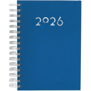 A blue spiral-bound diary with a silver logo on the front, featuring a year indicator "2026".