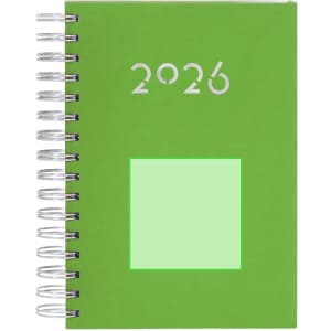 A green spiral-bound diary with a blank square and the number 2026 on the front cover.