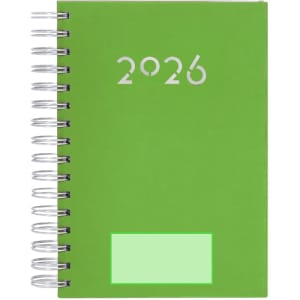 A green spiral-bound diary for 2026 with a plain section at the bottom for notes.