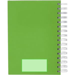 A green spiral-bound diary with a blank label on the front cover. It features a silver wire binding.