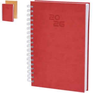 A red spiral-bound diary with a textured cover, featuring a smaller tan notebook beside it.