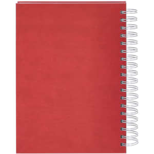 A red diary with a spiral binding on the side, featuring a smooth cover.