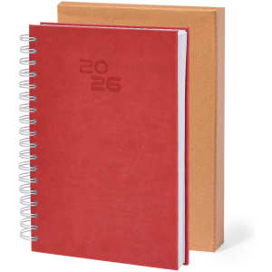 A red diary with a spiral binding, accompanied by a cardboard cover. The diary is dated for 2026.