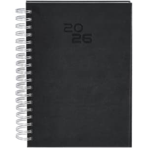 A black spiral-bound diary with the year "2026" embossed on the cover. It features a simple design and a metallic spiral binding.