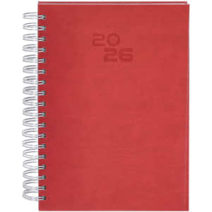 A red spiral-bound diary with a textured cover and a branding logo. The year 2026 is embossed on the front.
