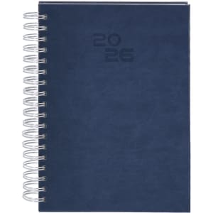 A navy blue spiral-bound diary with a textured cover and the year "2026" embossed on the front.