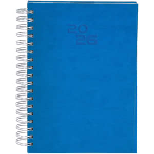 A blue spiral-bound diary with a textured cover, featuring a silver spiral binding and a date embossed on the front.
