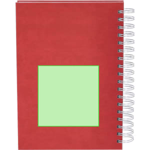 A red diary with a green square on the front cover and silver wire spiral binding.