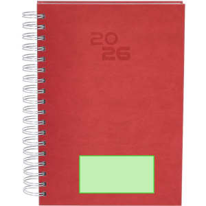 A red spiral-bound diary with a textured cover, featuring a year and a plain section for notes.