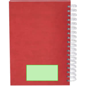 A red spiral-bound diary with a blank green label on the front cover. It features silver wire binding.