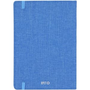 A blue diary with a textured cover and a ribbon bookmark, featuring a small brand logo at the bottom.