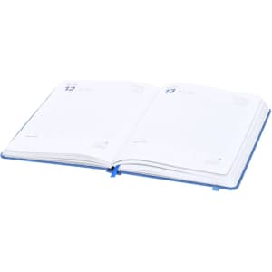 An open diary with white pages and a blue cover, featuring a ribbon marker and a simple layout.