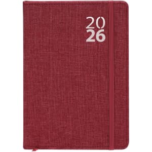 A maroon diary with a textured cover, featuring the year 2026 and an elastic band closure.