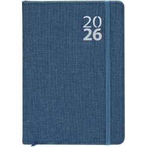 A blue diary with a textured cover, featuring the years "2026" printed on the front and an elastic band closure.