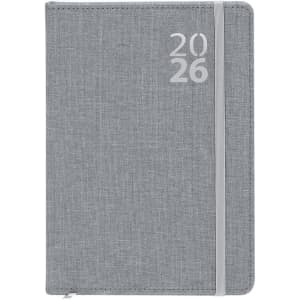 A grey diary with a smooth texture, featuring an elastic band and a logo on the cover.