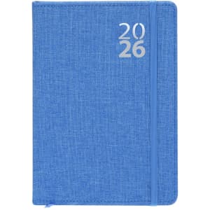 A blue diary with a textured cover and a silver logo, featuring the years ‘2026’. It includes an elastic closure.