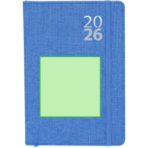 A blue diary with a fabric texture, featuring a blank green square and a silver year '2026' on the cover.