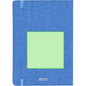 A blue diary with a textured cover and a green square area, featuring a logo at the bottom.