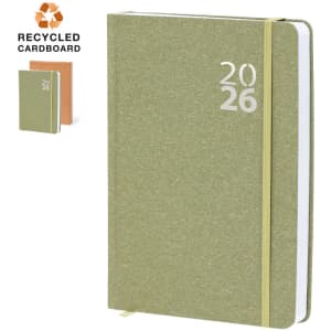 A green diary made from recycled cardboard, featuring a logo and a yearly label for 2026.