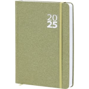 A green diary with a textured cover, featuring a year indicator and an elastic band. It has a logo on the cover.