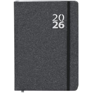 A grey diary with a black elastic band, featuring the year '2026' on the front cover.