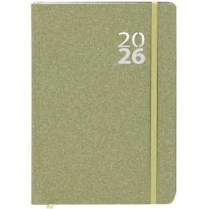 A green diary with a textured cover, featuring a logo and an elastic band closure. The year 2026 is displayed on the front.