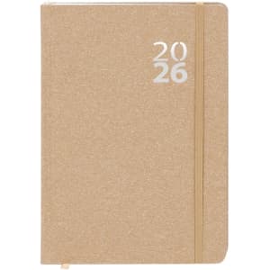 A gold diary with an elastic band, featuring the year 2026 on the front cover. It has a minimalist design.