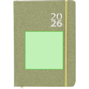 A green diary with a textured cover, featuring a blank square and an elastic band closure. It includes the years 2022 and 2026.