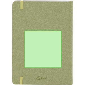 A green diary with an eco-friendly cover and a central frame for personalisation. It features a logo at the bottom.