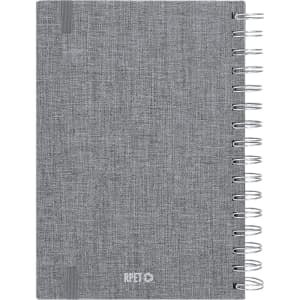 A grey spiral-bound diary with a textured cover and a branded logo on the front.