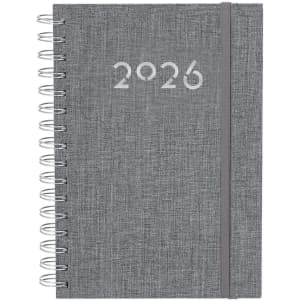 A grey diary with a spiral binding and elastic closure, featuring the year "2026" on the front cover.