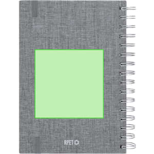 A grey spiral-bound diary with a textured cover and a green square insert area. It features a logo on the front.