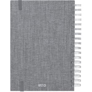 A grey diary with a textured fabric cover and spiral binding, featuring an elastic closure and a logo.