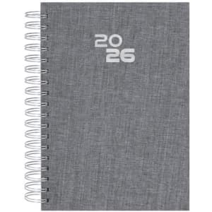 A grey spiral-bound diary featuring a simple design, with the year '2026' displayed on the front cover.